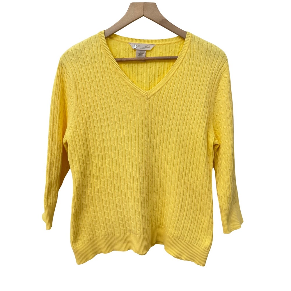 Allison Nicole‎ Woman Sweater 1X Yellow Cable Knit V-Neck 3/4 Sleeve Cotton